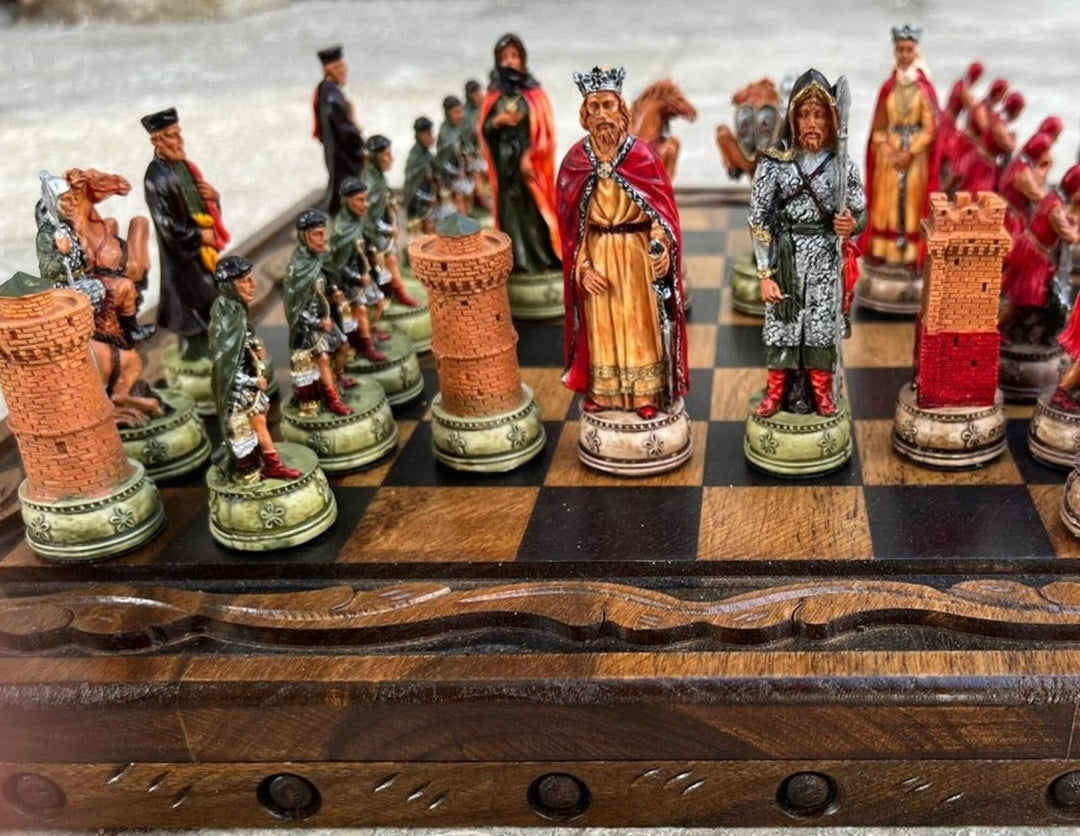 Luxury Chess Sets for Adults Historical Camelot Hand Painted Chessmen Hand Carved Walnut Solid Wooden Chess Board Gifts Image 9