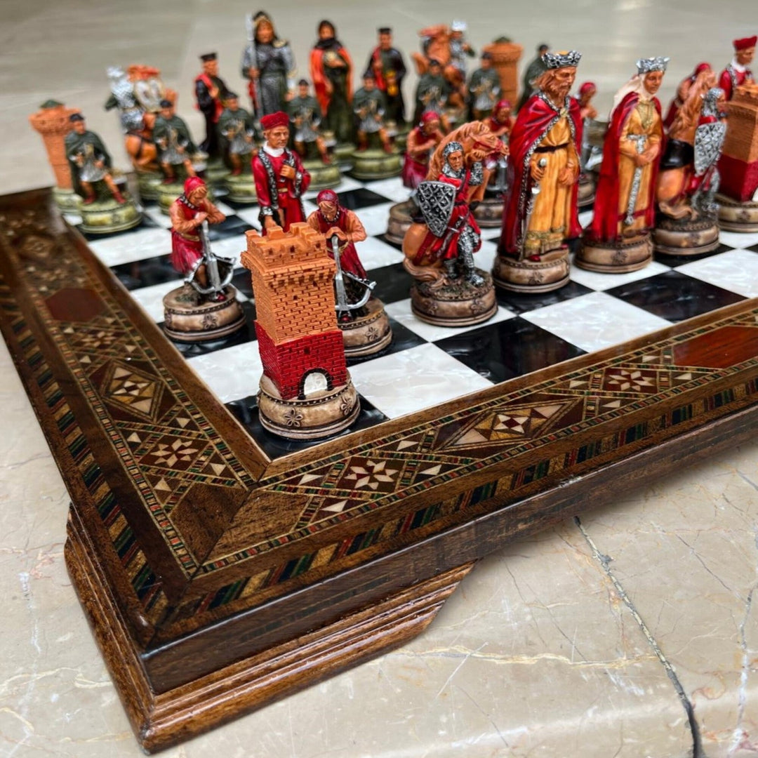 Luxury Chess Set Historical Camelot Hand Painted Chess Pieces Inlaid Solid Wooden Chess Board and Birthday Image 2