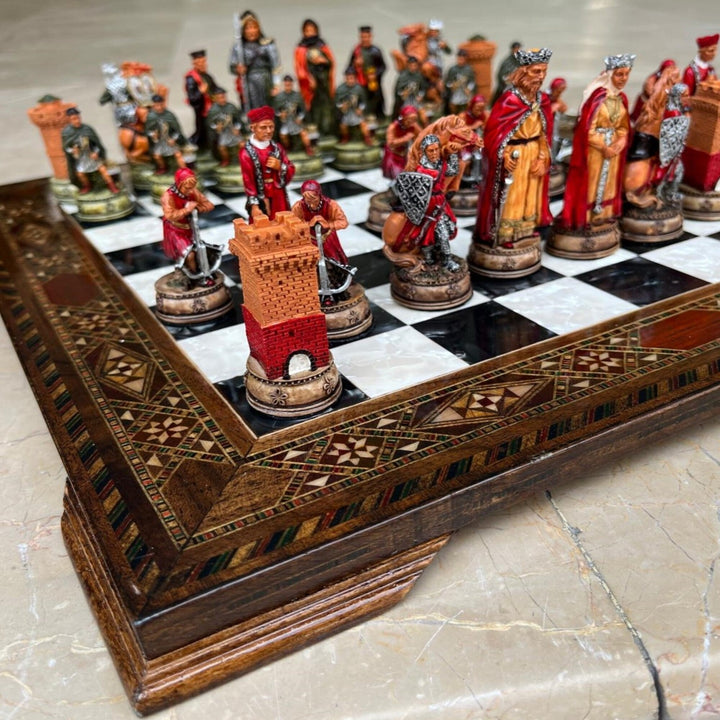 Luxury Chess Set Historical Camelot Hand Painted Chess Pieces Inlaid Solid Wooden Chess Board and Birthday Image 2