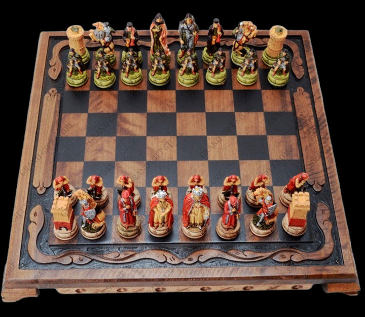 Luxury Chess Sets for Adults Historical Camelot Hand Painted Chessmen Hand Carved Walnut Solid Wooden Chess Board Gifts Image 3