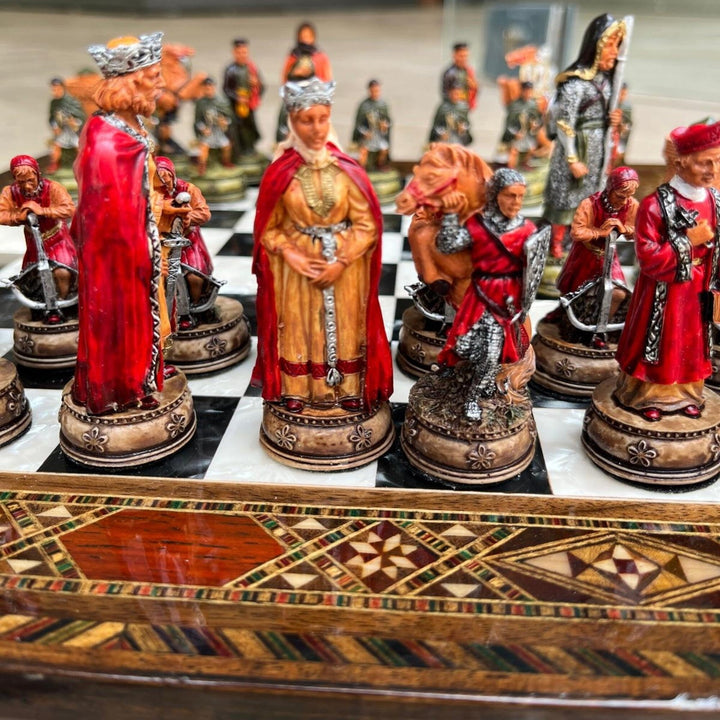 Luxury Chess Set Historical Camelot Hand Painted Chess Pieces Inlaid Solid Wooden Chess Board and Birthday Image 3