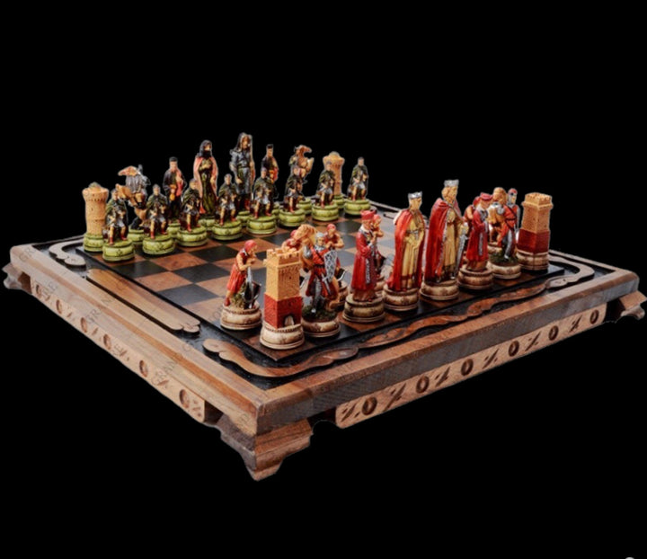 Luxury Chess Sets for Adults Historical Camelot Hand Painted Chessmen Hand Carved Walnut Solid Wooden Chess Board Gifts Image 4