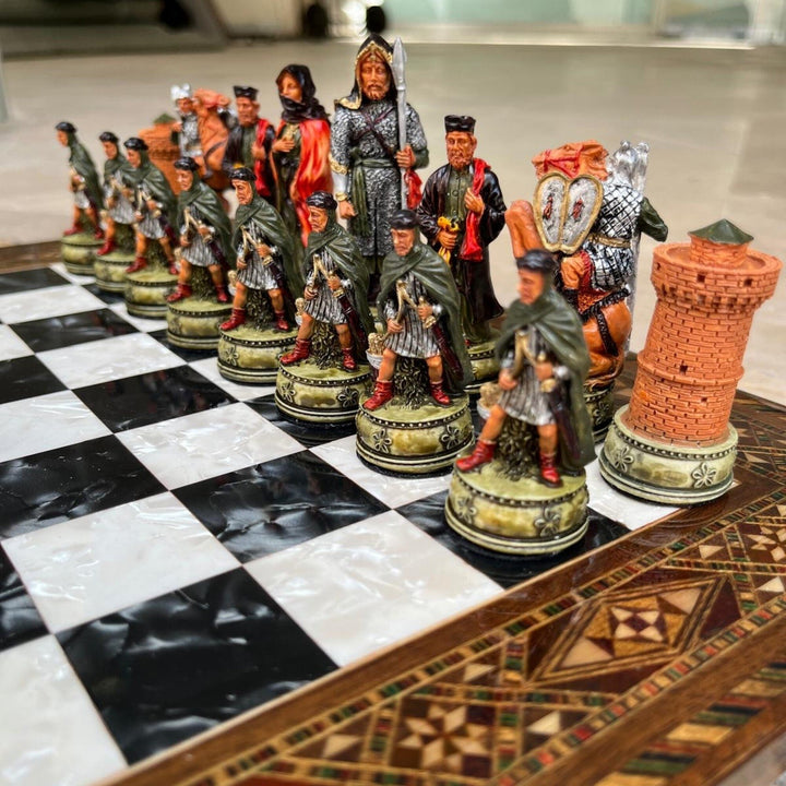 Luxury Chess Set Historical Camelot Hand Painted Chess Pieces Inlaid Solid Wooden Chess Board and Birthday Image 4