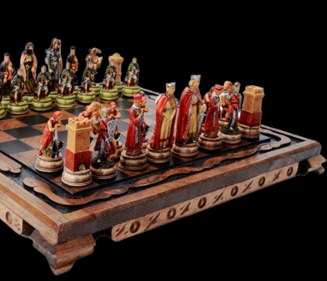 Luxury Chess Sets for Adults Historical Camelot Hand Painted Chessmen Hand Carved Walnut Solid Wooden Chess Board Gifts Image 4