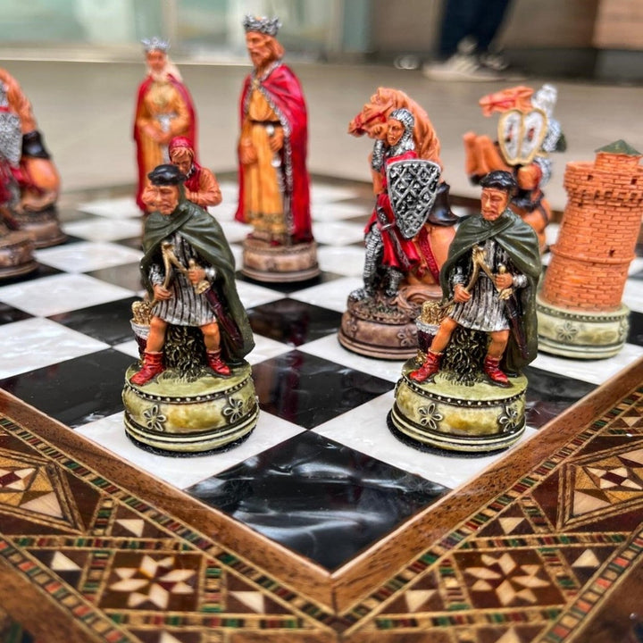 Luxury Chess Set Historical Camelot Hand Painted Chess Pieces Inlaid Solid Wooden Chess Board and Birthday Image 9