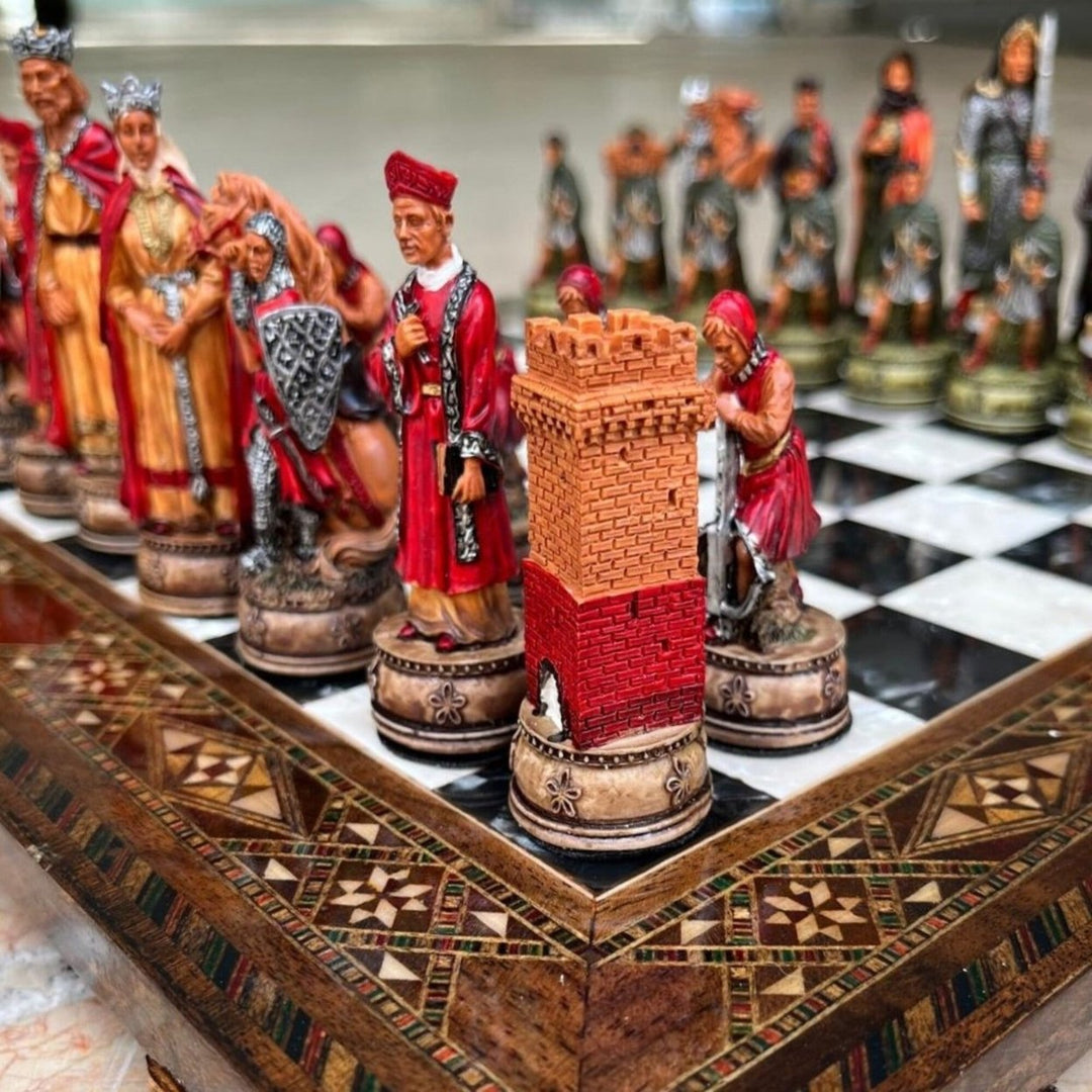 Luxury Chess Set Historical Camelot Hand Painted Chess Pieces Inlaid Solid Wooden Chess Board and Birthday Image 10