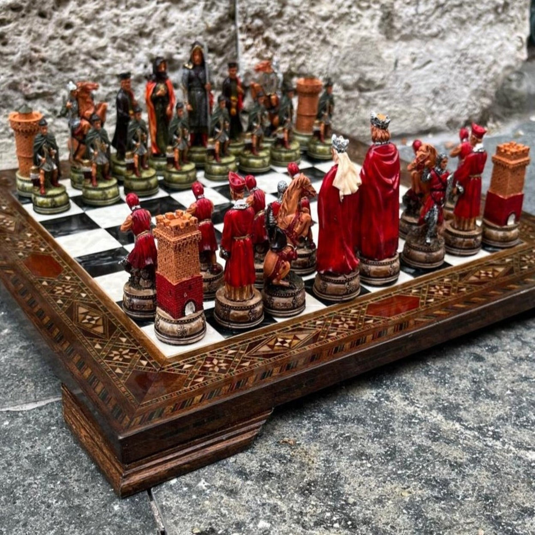 Luxury Chess Set Historical Camelot Hand Painted Chess Pieces Inlaid Solid Wooden Chess Board Image 1