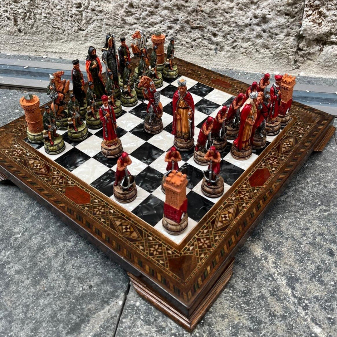 Luxury Chess Set Historical Camelot Hand Painted Chess Pieces Inlaid Solid Wooden Chess Board Image 2