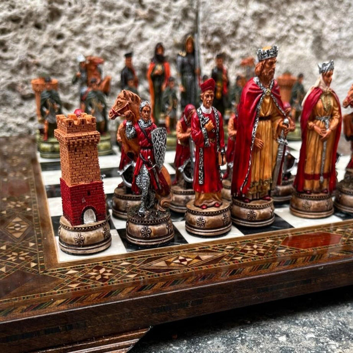 Luxury Chess Set Historical Camelot Hand Painted Chess Pieces Inlaid Solid Wooden Chess Board Image 3