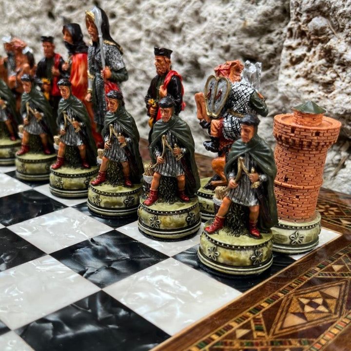 Luxury Chess Set Historical Camelot Hand Painted Chess Pieces Inlaid Solid Wooden Chess Board Image 4