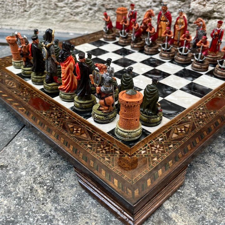 Luxury Chess Set Historical Camelot Hand Painted Chess Pieces Inlaid Solid Wooden Chess Board Image 4