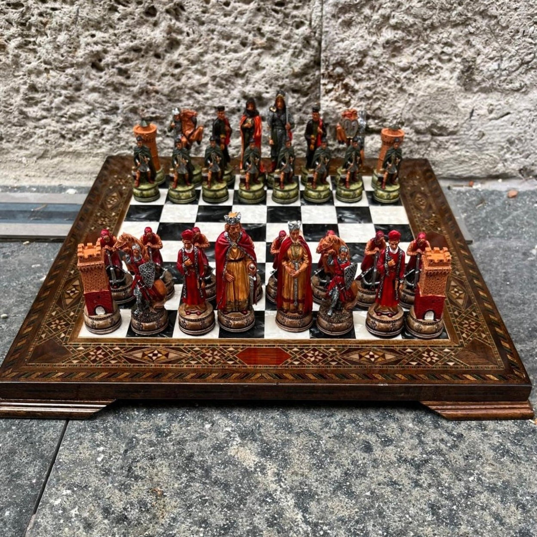 Luxury Chess Set Historical Camelot Hand Painted Chess Pieces Inlaid Solid Wooden Chess Board Image 9