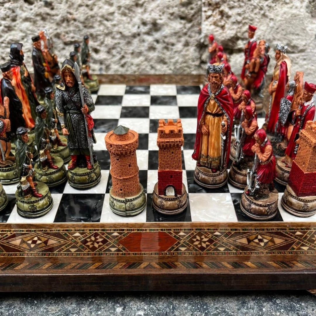 Luxury Chess Set Historical Camelot Hand Painted Chess Pieces Inlaid Solid Wooden Chess Board Image 10