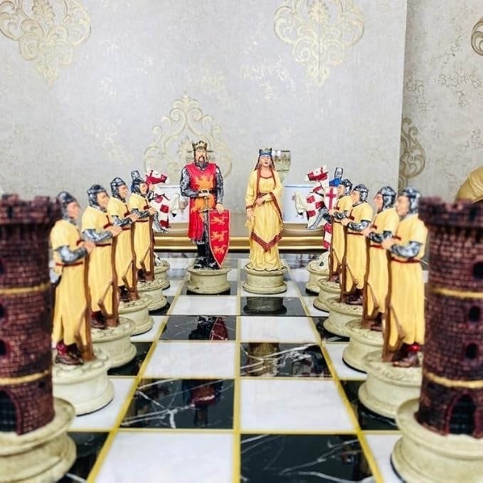 Luxury Chess Sets for Adults Handmade Crusaders Chess Pieces Marble Wooden Chess Board Gifts Ideas for Him and Friends Image 1