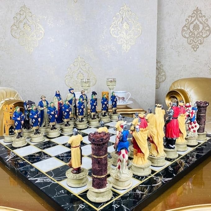 Luxury Chess Sets for Adults Handmade Crusaders Chess Pieces Marble Wooden Chess Board Gifts Ideas for Him and Friends Image 2