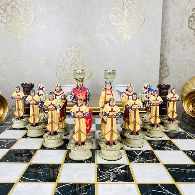 Luxury Chess Sets for Adults Handmade Crusaders Chess Pieces Marble Wooden Chess Board Gifts Ideas for Him and Friends Image 4