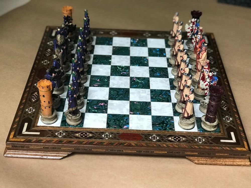 Handmade Chess Sets for Adults Historical Crusaders Hand Painted Chess Pieces Hand Carved Inlaid Solid Wooden Chess Image 2