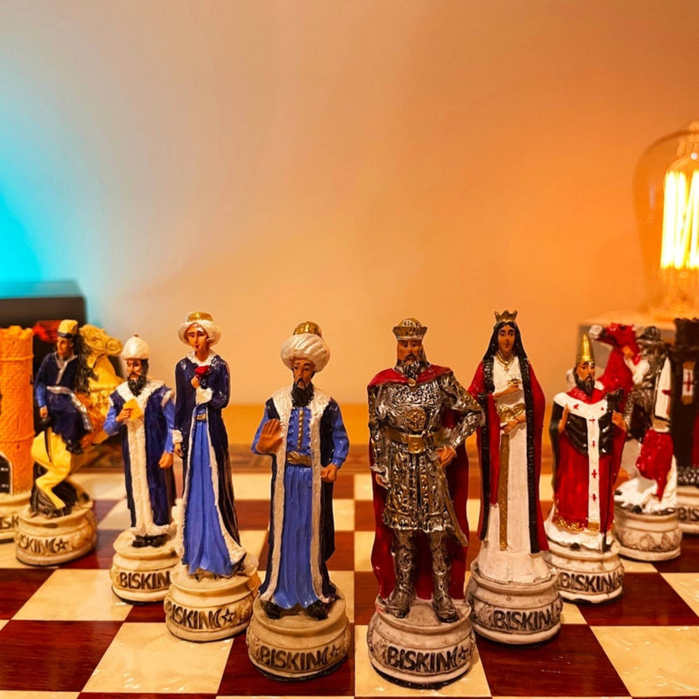 Luxury Chess Set for Adults Historical Crusaders Hand Painted Chess Pieces Hand Carved Inlaid Solid Wooden Chess Board Image 2