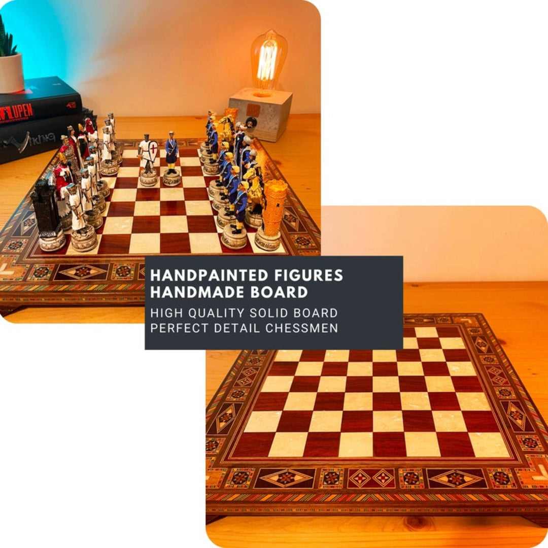 Luxury Chess Set for Adults Historical Crusaders Hand Painted Chess Pieces Hand Carved Inlaid Solid Wooden Chess Board Image 4