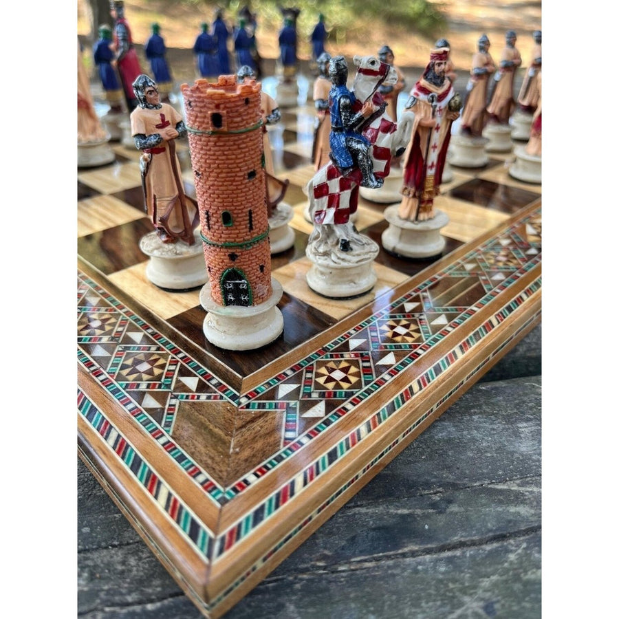 Luxury Chess Sets for Adults Historical Crusaders Hand Painted Chess Pieces Hand Carved Inlaid Solid Wooden Chess Board Image 1