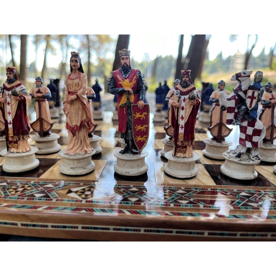 Luxury Chess Sets for Adults Historical Crusaders Hand Painted Chess Pieces Hand Carved Inlaid Solid Wooden Chess Board Image 2