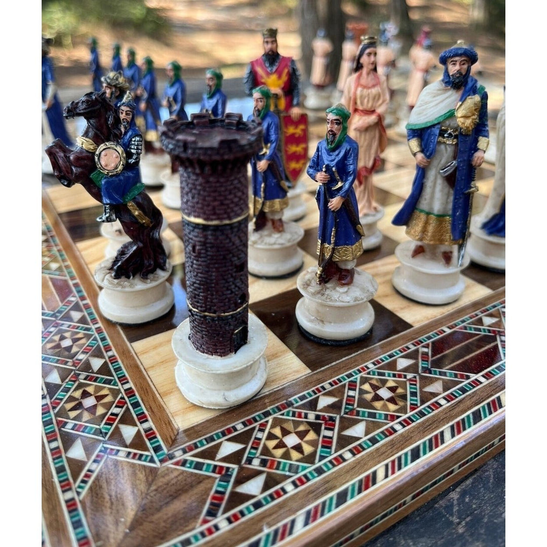 Luxury Chess Sets for Adults Historical Crusaders Hand Painted Chess Pieces Hand Carved Inlaid Solid Wooden Chess Board Image 3