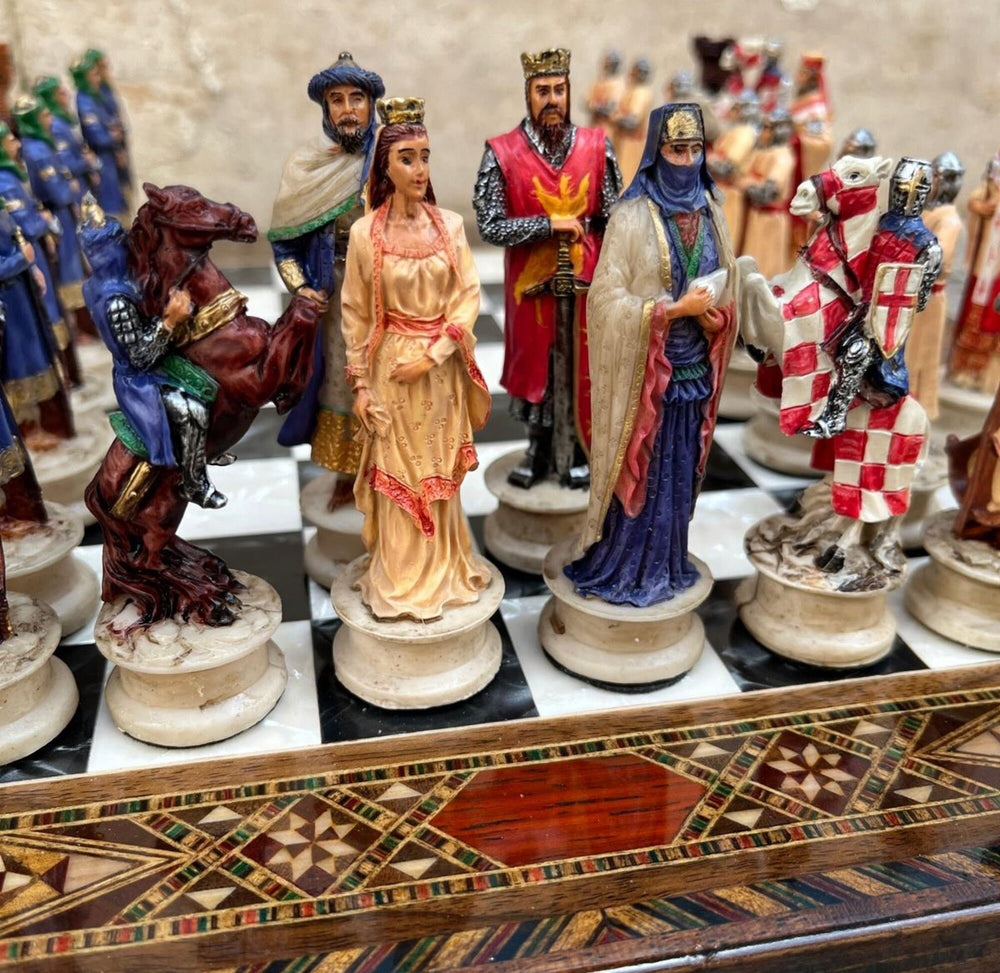 Luxury Chess Sets for Adults Historical Crusaders Hand Painted Chess Pieces Hand Carved Inlaid Solid Wooden Chess Board Image 2