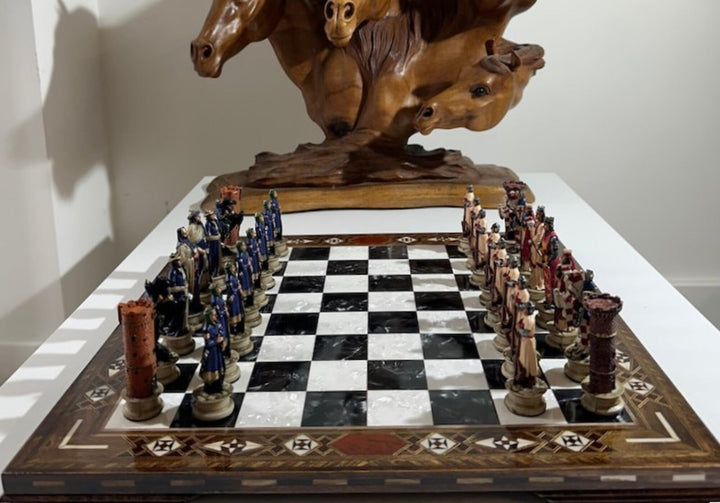 Luxury Chess Sets for Adults Historical Crusaders Hand Painted Chess Pieces Hand Carved Inlaid Solid Wooden Chess Board Image 3