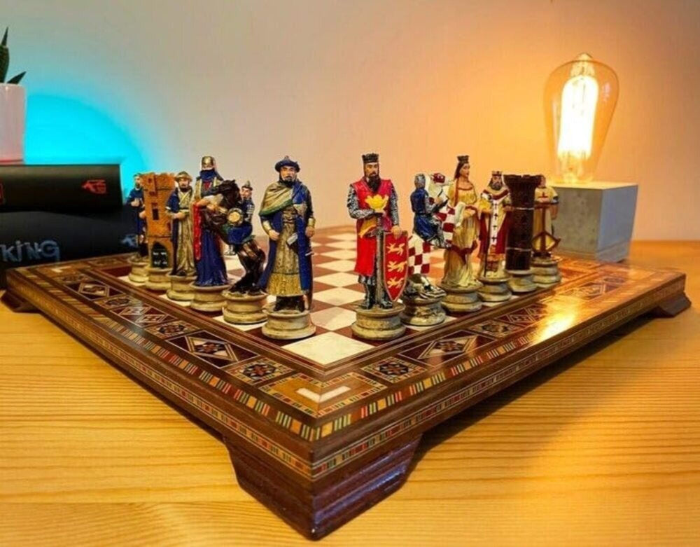 Luxury Chess Sets for Adults Historical Crusaders Hand Painted Chess Pieces Hand Carved Inlaid Solid Wooden Chess Board Image 2