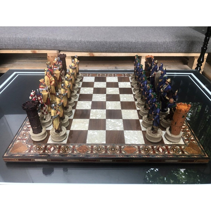 Luxury Chess Sets for Adults Historical Crusaders Hand Painted Chessmen Hand Carved Inlaid Solid Wooden Chess Board Image 1