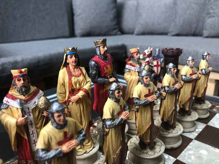 Luxury Chess Sets for Adults Historical Crusaders Hand Painted Chessmen Hand Carved Inlaid Solid Wooden Chess Board Image 2