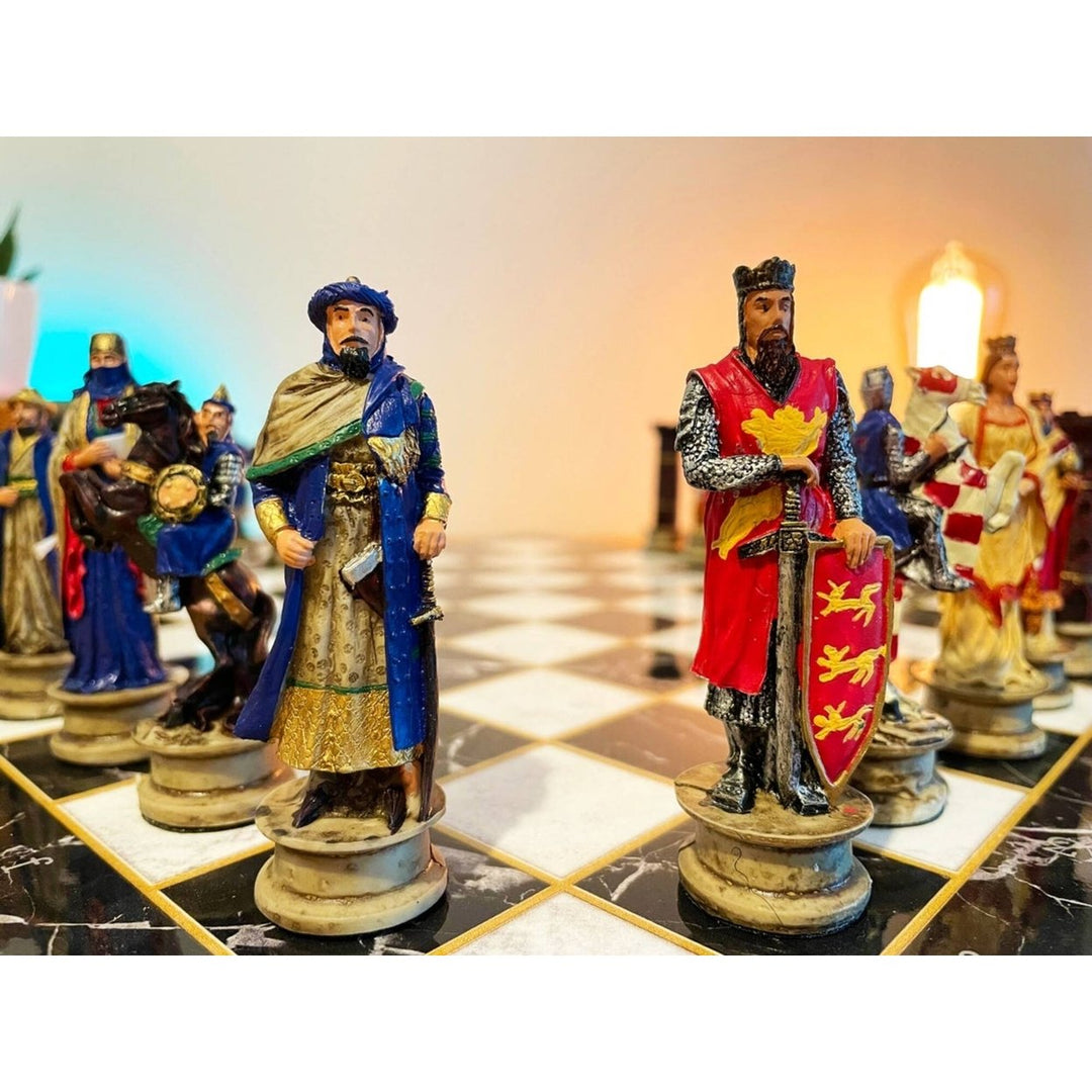 Luxury Historical Chess Sets for Adults Handmade Arabs Crusaders Chess Pieces Hand Carved Marble Wooden Chess Board Image 1