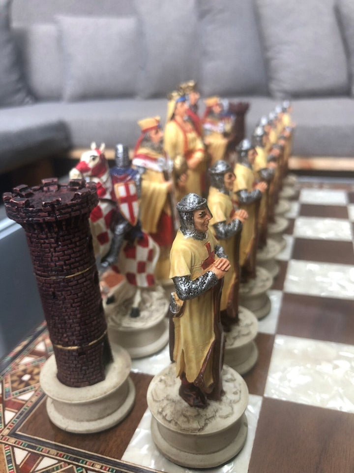 Luxury Chess Sets for Adults Historical Crusaders Hand Painted Chessmen Hand Carved Inlaid Solid Wooden Chess Board Image 3