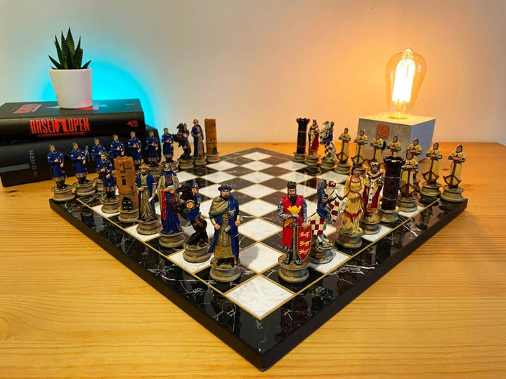 Luxury Historical Chess Sets for Adults Handmade Arabs Crusaders Chess Pieces Hand Carved Marble Wooden Chess Board Image 3