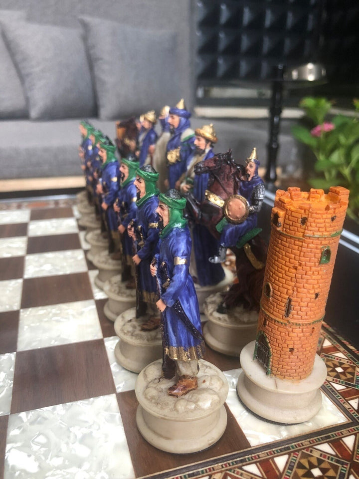 Luxury Chess Sets for Adults Historical Crusaders Hand Painted Chessmen Hand Carved Inlaid Solid Wooden Chess Board Image 6