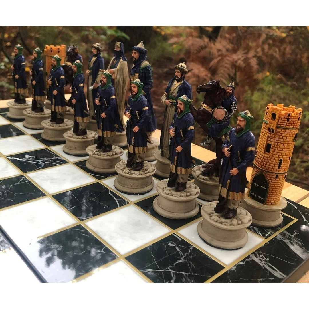 Luxury Historical Chess Sets for Adults Handmade Arabs Crusaders Chess Pieces Hand Carved Marble Wooden Chess Board Image 8