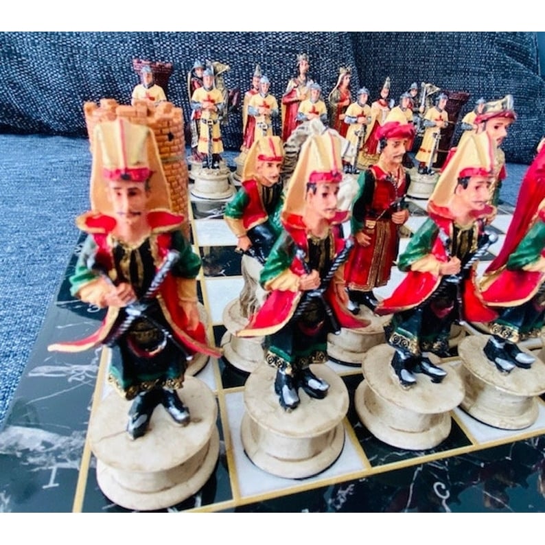 Historical Chess Sets for Adults Handmade Arabs Crusaders Chess Pieces Hand Carved Marble Wooden Chess Board Gifts Ideas Image 1