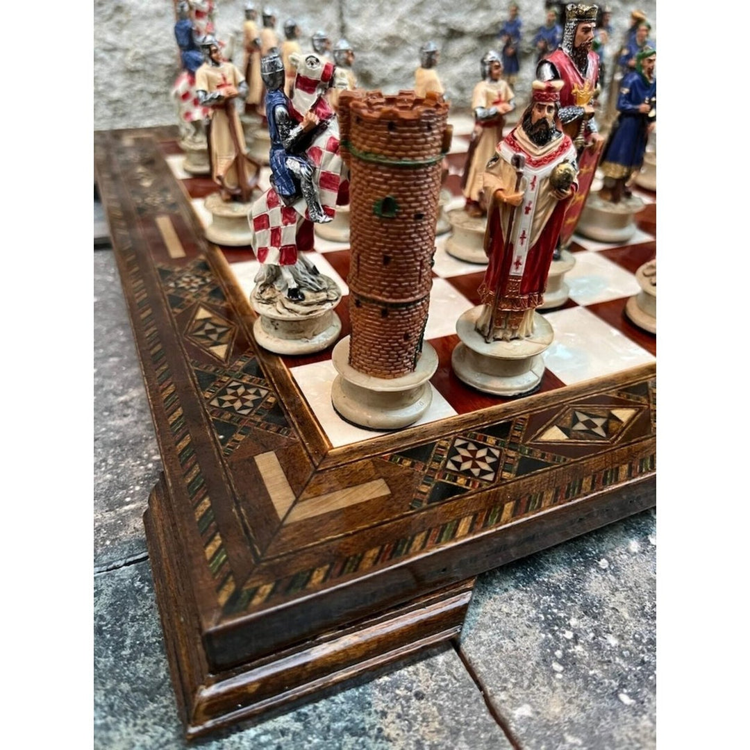 Luxury Chess Sets for Adults Historical Crusaders Hand Painted Chess Pieces Hand Carved Inlaid Solid Wooden Chess Board Image 1