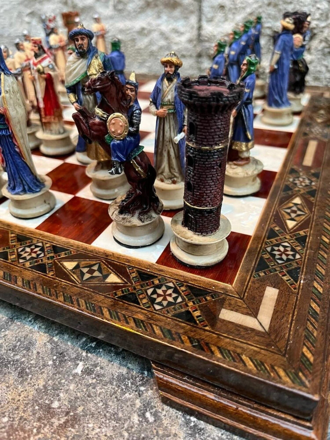 Luxury Chess Sets for Adults Historical Crusaders Hand Painted Chess Pieces Hand Carved Inlaid Solid Wooden Chess Board Image 2