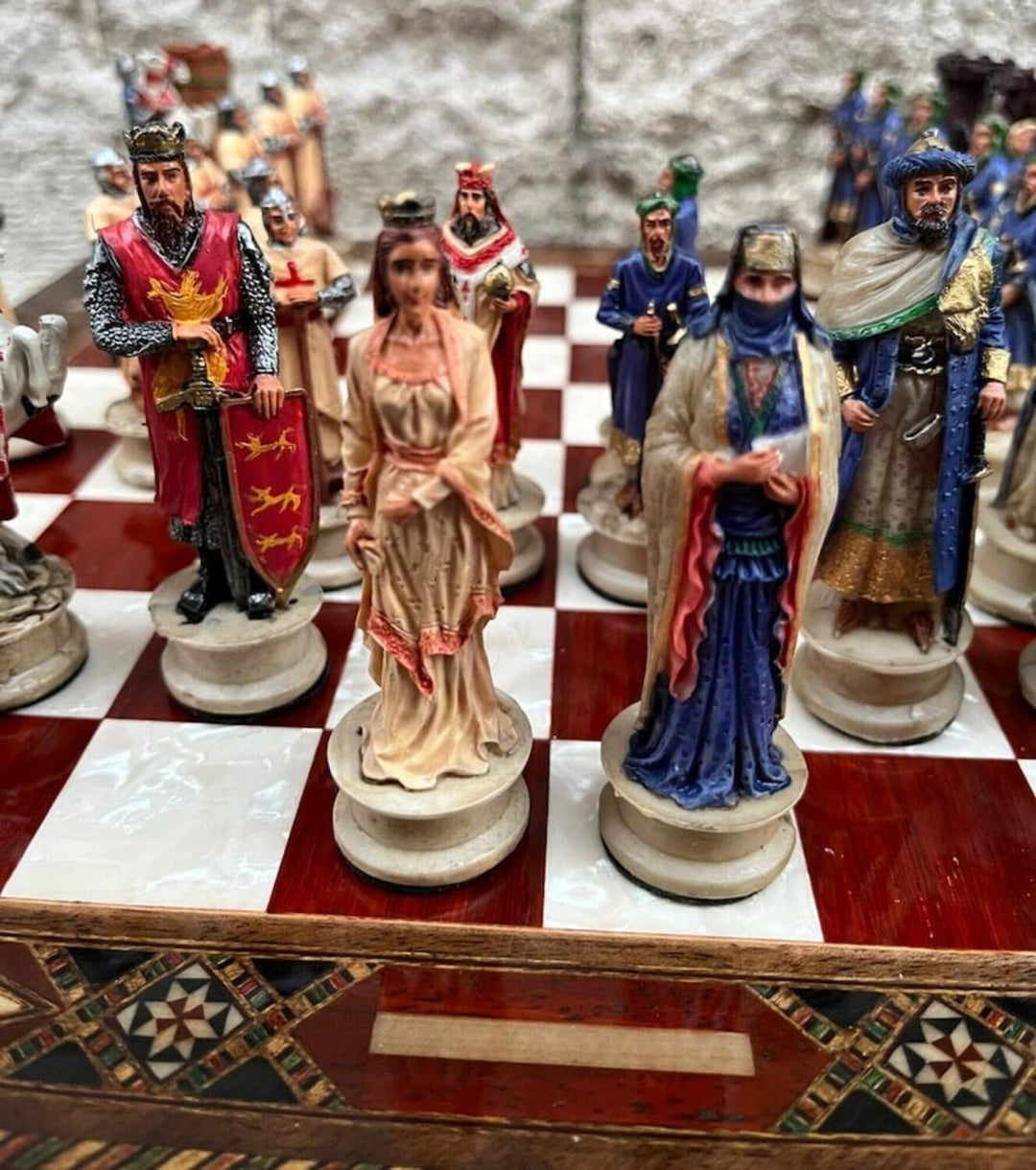 Luxury Chess Sets for Adults Historical Crusaders Hand Painted Chess Pieces Hand Carved Inlaid Solid Wooden Chess Board Image 3