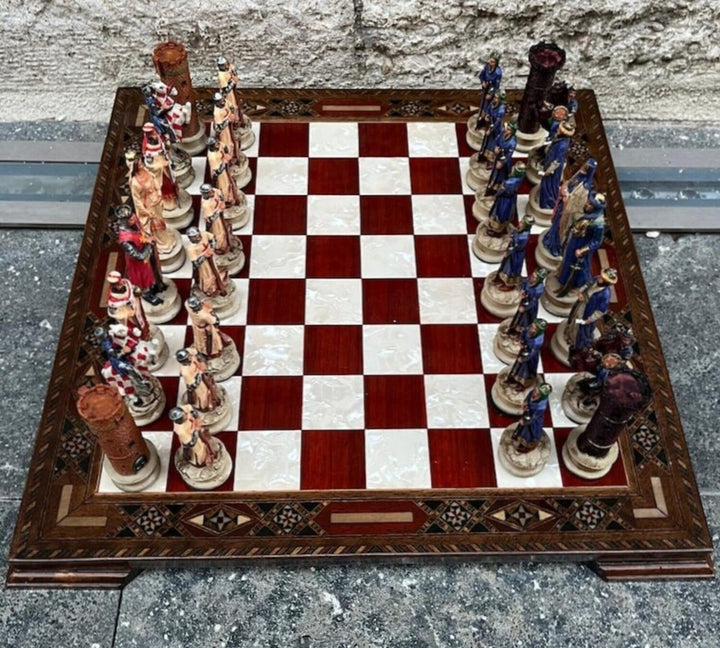 Luxury Chess Sets for Adults Historical Crusaders Hand Painted Chess Pieces Hand Carved Inlaid Solid Wooden Chess Board Image 4