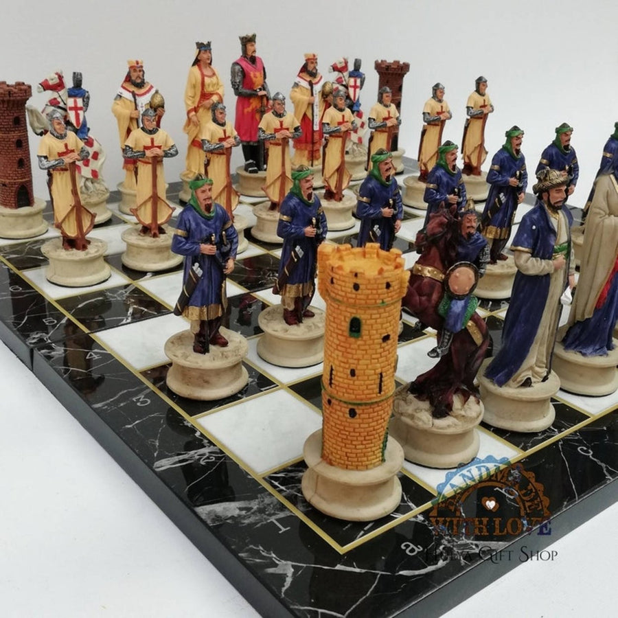 Historical Chess Sets for Adults Handmade Arabs Crusaders Chess Pieces Hand Carved Marble Wooden Chess Board Gifts Ideas Image 1