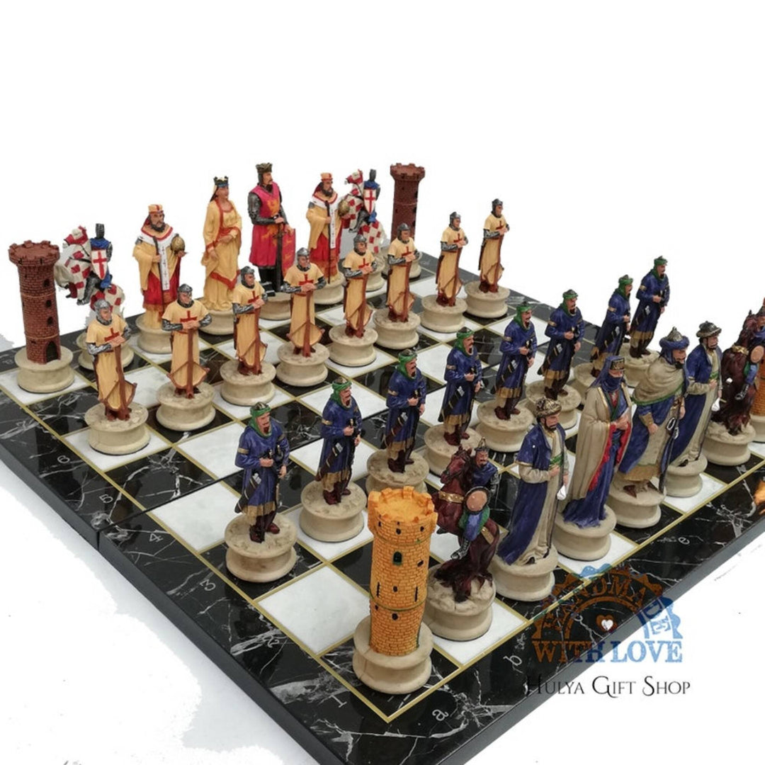 Historical Chess Sets for Adults Handmade Arabs Crusaders Chess Pieces Hand Carved Marble Wooden Chess Board Gifts Ideas Image 3