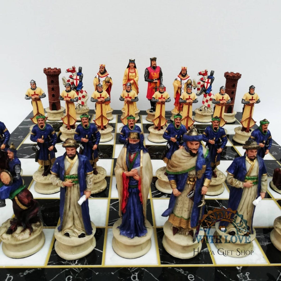 Historical Chess Sets for Adults Handmade Arabs Crusaders Chess Pieces Hand Carved Marble Wooden Chess Board Gifts Ideas Image 4