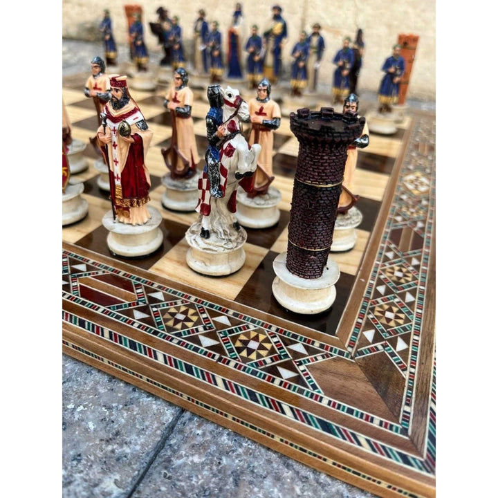 Luxury Chess Sets Historical Crusaders Hand Painted Chessmen Hand Carved Inlaid Solid Wooden Chess Board Chess Gifts Image 1