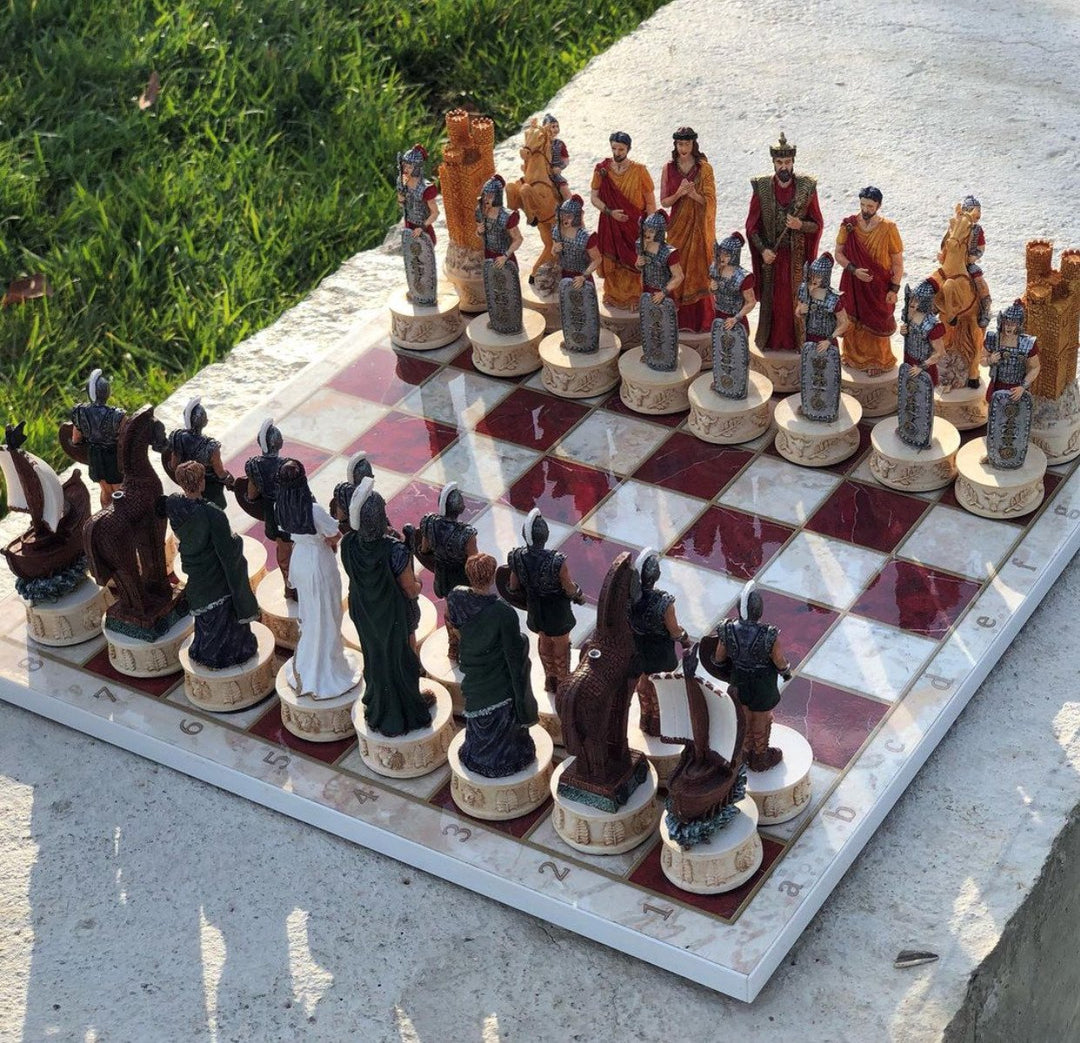 Chess Sets for Adults X Large Trojans and Spartans Handmade Chess Pieces Marble Wooden Chess Board Image 3