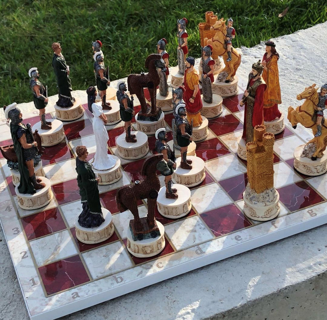 Chess Sets for Adults X Large Trojans and Spartans Handmade Chess Pieces Marble Wooden Chess Board Image 4