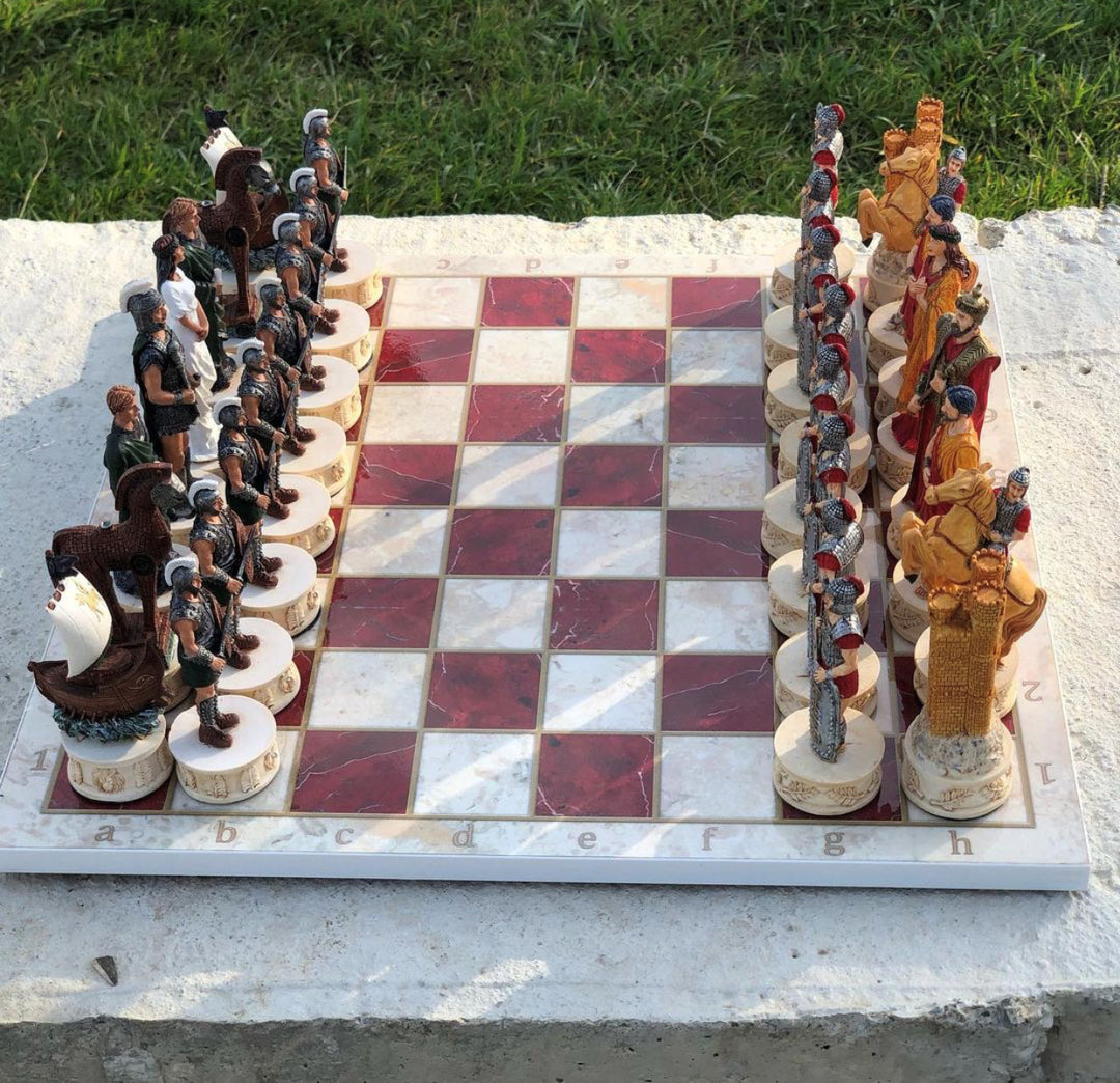 Chess Sets for Adults X Large Trojans and Spartans Handmade Chess Pieces Marble Wooden Chess Board Image 6