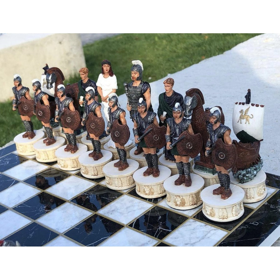 Luxury Chess Set for Adults X Large Trojans and Spartans Hand Painted Chess Pieces Marble Wooden Chess Board Image 1