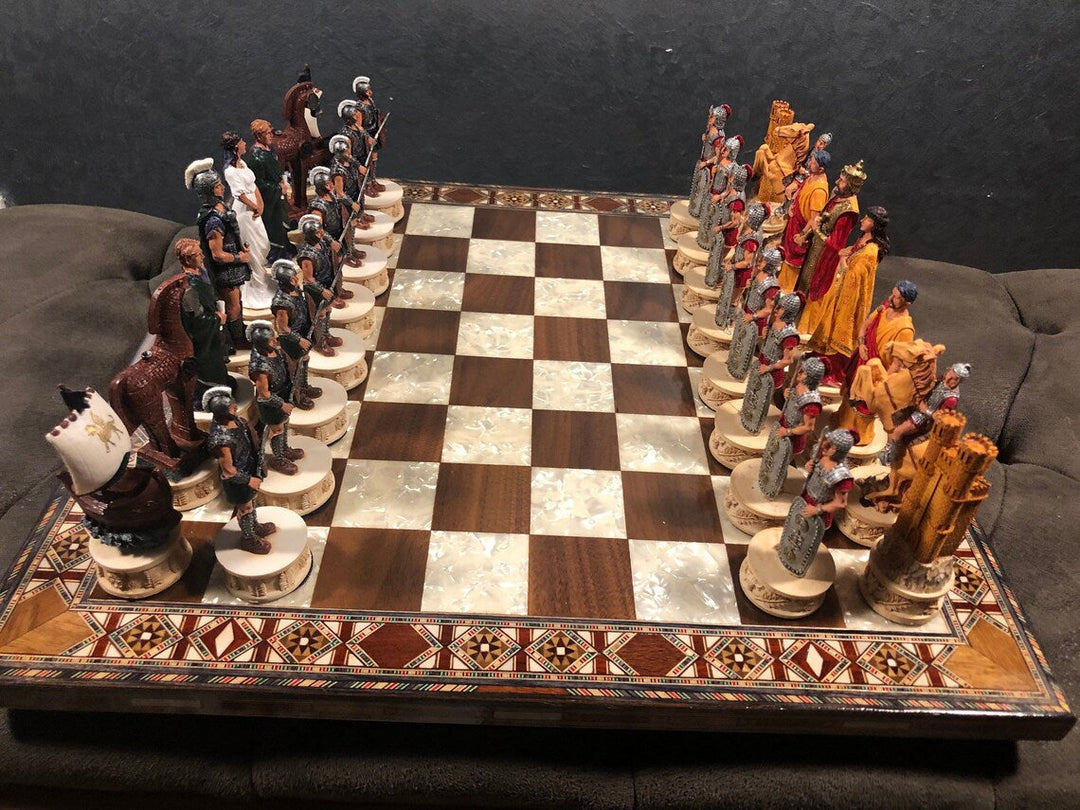 Luxury Chess Set for Adults X Large Trojans and Spartans Hand Painted Chess Pieces Inlaid Solid Wooden Chess Board Gifts Image 4